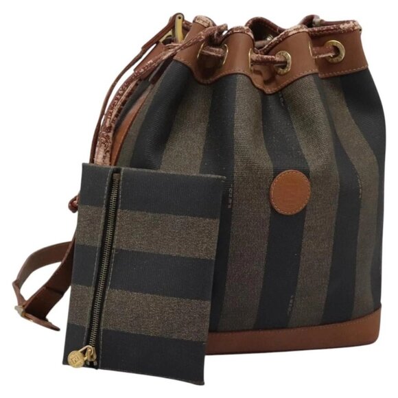 FENDI Pecan Canvas Shoulder Bag PVC Brown Black gold Auth yk18186 - Picture 1 of 16